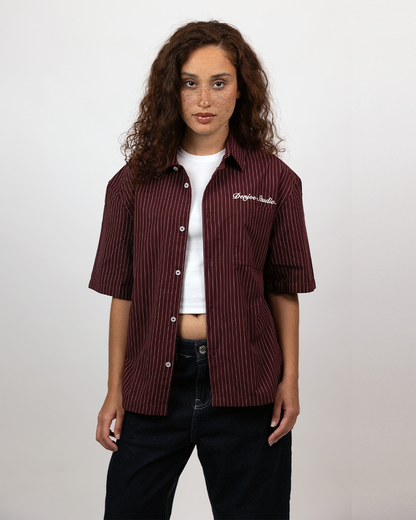 Short Sleeve Striped Shirt Boxy Fit - Burgundy