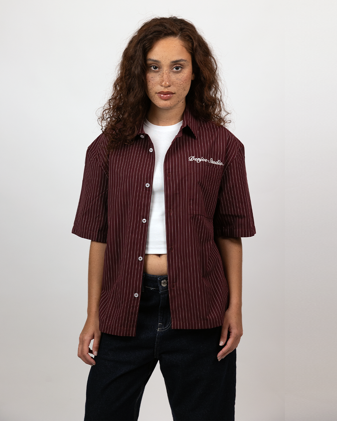 Short Sleeve Striped Shirt Boxy Fit - Burgundy